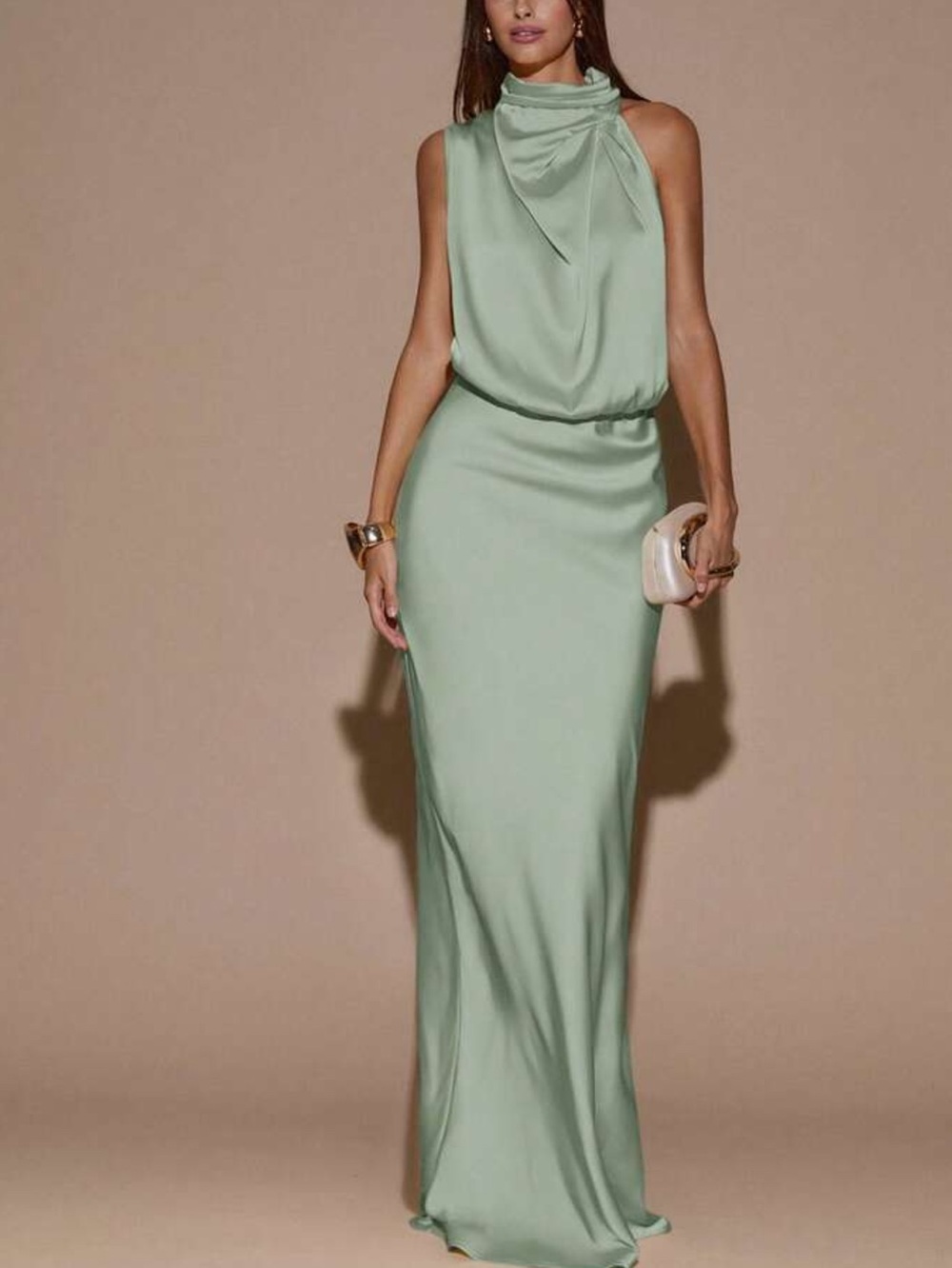 Elegant Satin Halter Evening Dress in Mint Green